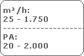m³/h:
25 - 1.750
--------------------
PA:
20 - 2.000 m³/h:
25 - 1.750
--------------------
PA:
20 - 2.000